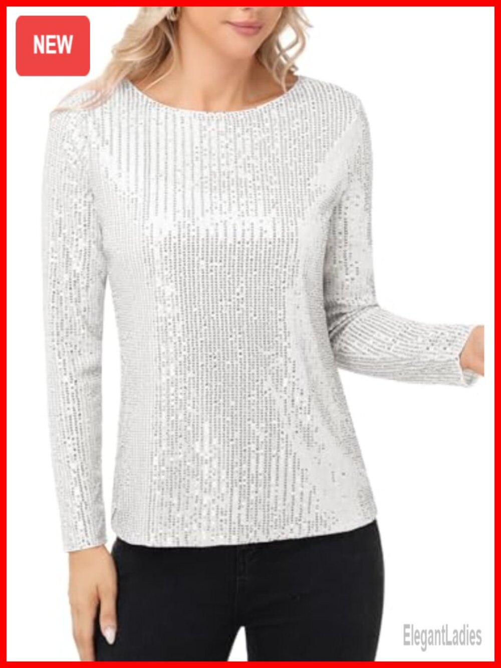 Sequin Embellished Crew Neck Long Sleeve Blouse